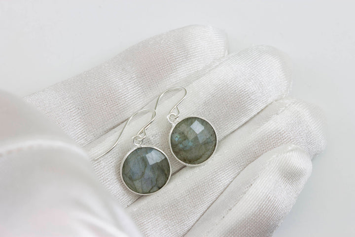 Blue Flash Labradorite Earrings Small Simple Drops Bezel Set Round Drop Dangle Solid  14k Gold or Filled or Sterling Silver Dainty Daily