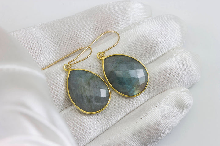 Labradorite  Earrings Sterling Silver or 14k Solid Gold or Filled Faceted Teardrop Large Earrings Blue Green Golden Flash Pear Natural Bezel