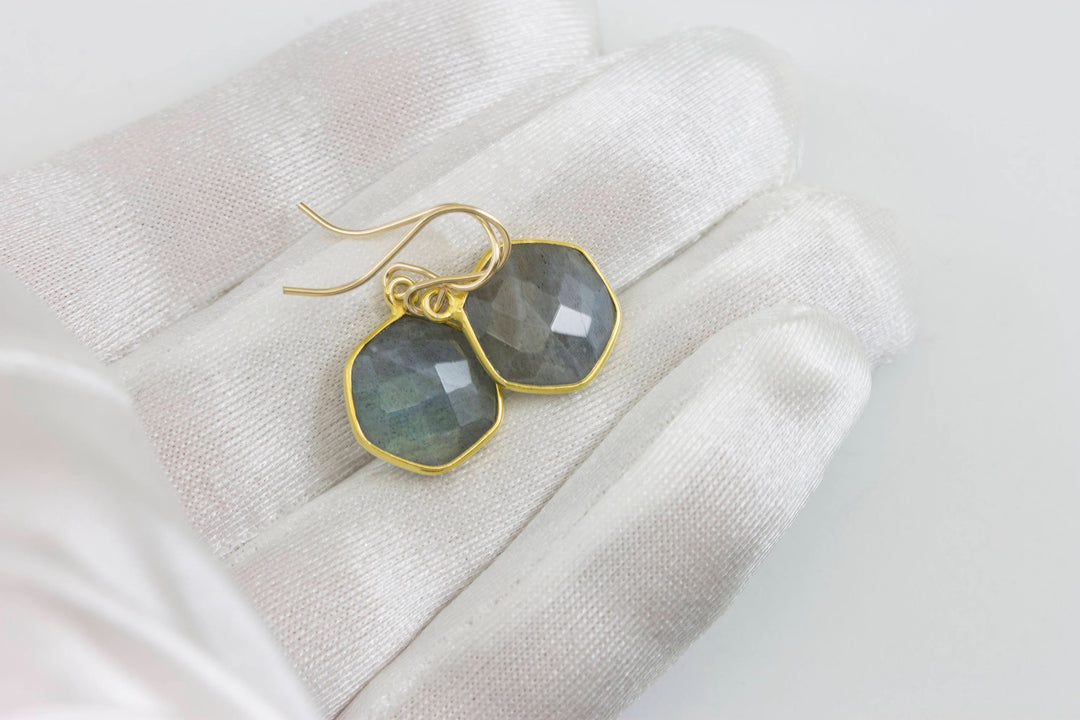 Blue Flash Labradorite Earrings Small Simple Drops Bezel Set Round Drop Octagon 14k Solid Gold or Filled  Dainty Faceted Cut