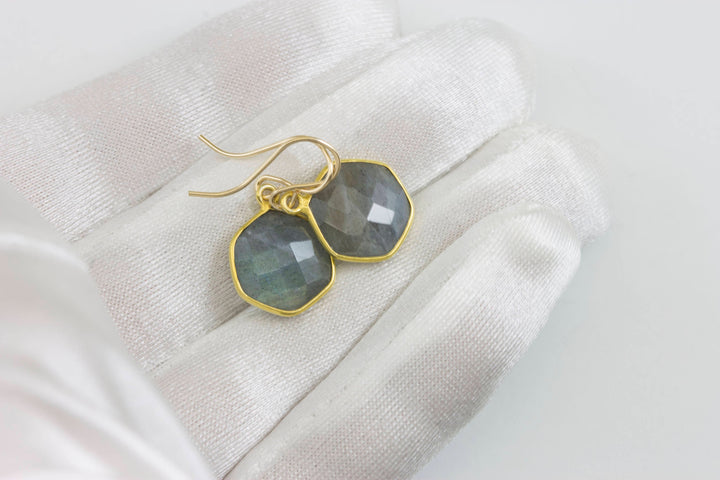 Blue Flash Labradorite Earrings Small Simple Drops Bezel Set Round Drop Octagon 14k Solid Gold or Filled  Dainty Faceted Cut