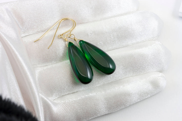 Emerald Green Earrings Smooth Long Simulated Emerald Teardrop Drop Dangle Sterling Silver or 14k Solid Gold or Filled Simple Classic 1.6 In