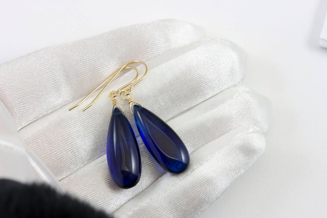 Sapphire Blue Earrings Smooth Long Simulated Sapphire Teardrop Drop Dangle Sterling Silver or 14k Solid Gold or Filled Simple Classic 1.6 In
