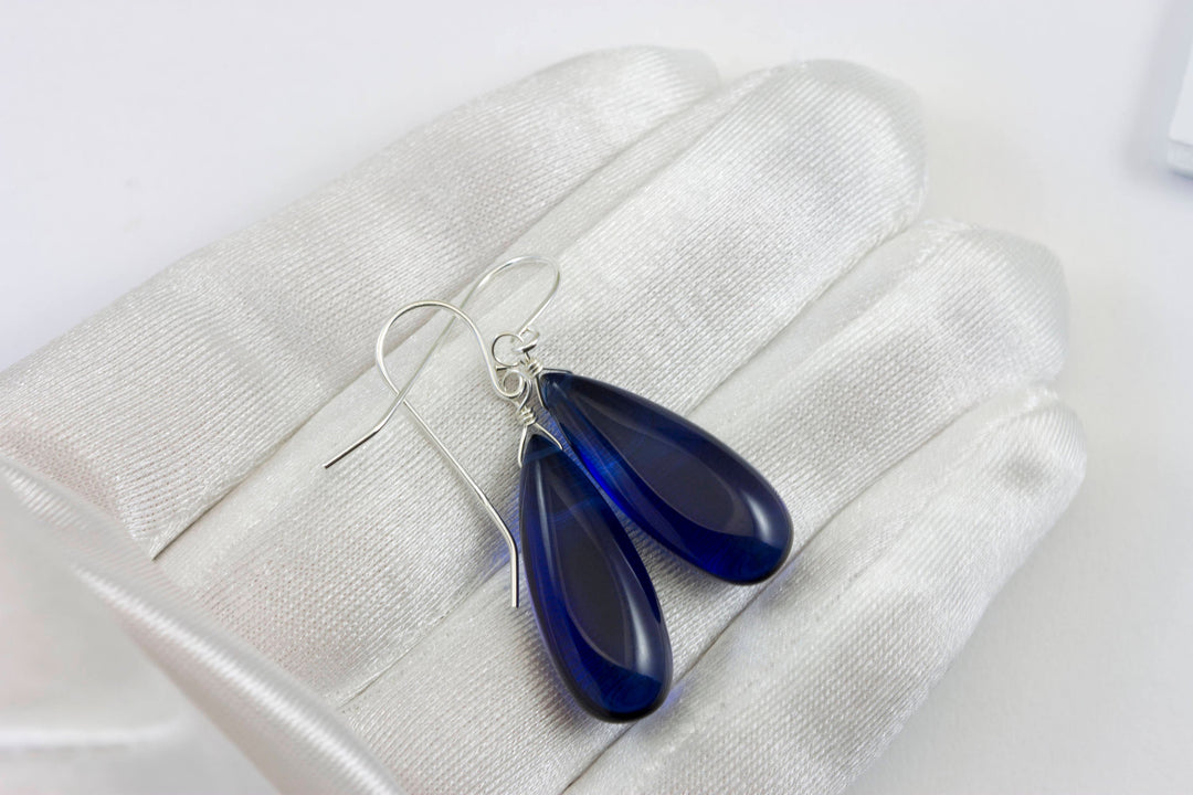 Sapphire Blue Earrings Smooth Long Simulated Sapphire Teardrop Drop Dangle Sterling Silver or 14k Solid Gold or Filled Simple Classic 1.6 In