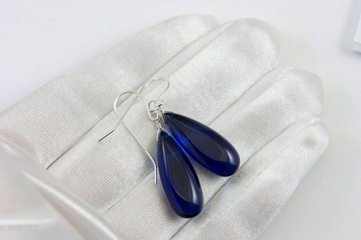 Sapphire Blue Earrings Smooth Long Simulated Sapphire Teardrop Drop Dangle Sterling Silver or 14k Solid Gold or Filled Simple Classic 1.6 In