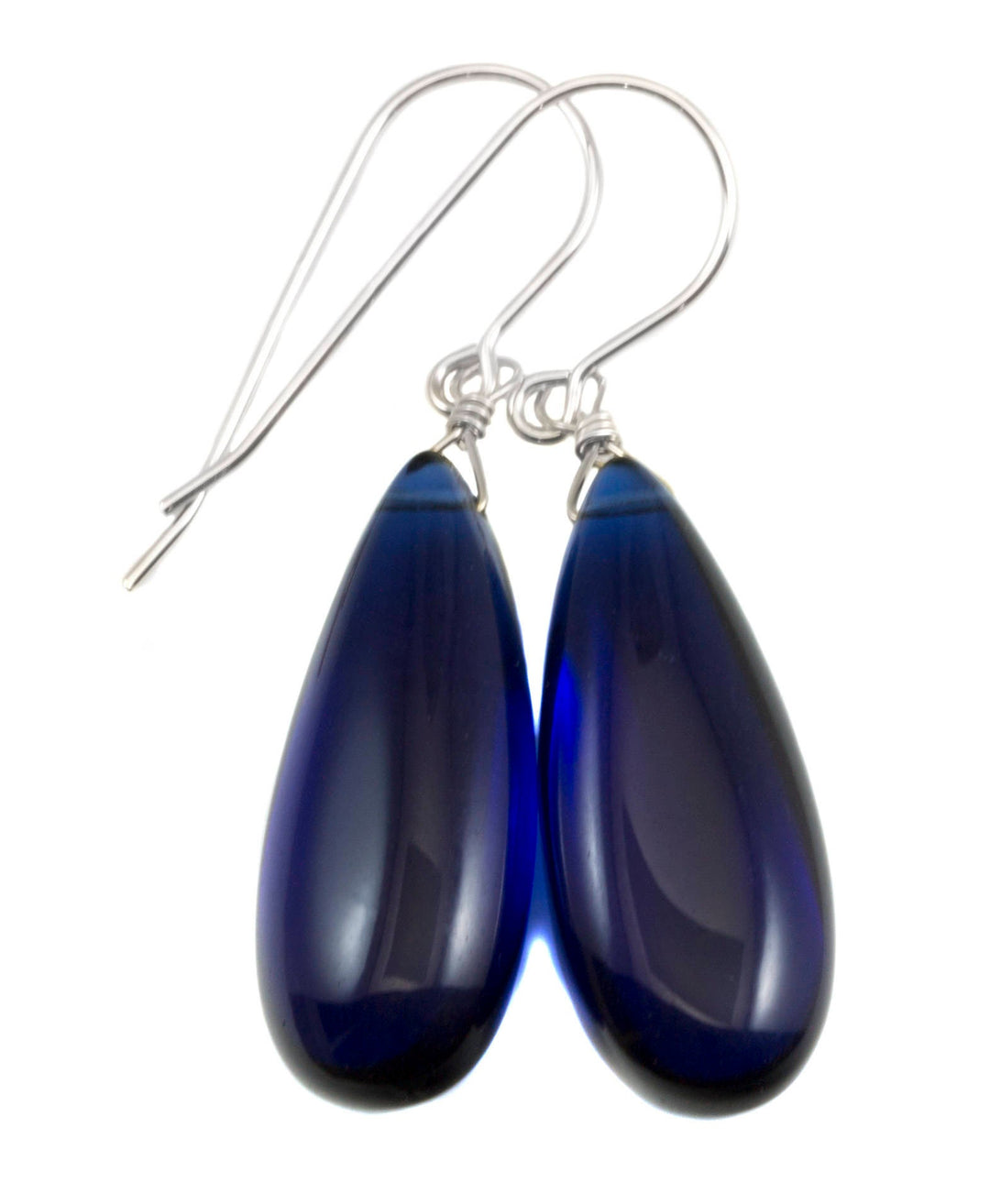 Sapphire Blue Earrings Smooth Long Simulated Sapphire Teardrop Drop Dangle Sterling Silver or 14k Solid Gold or Filled Simple Classic 1.6 In