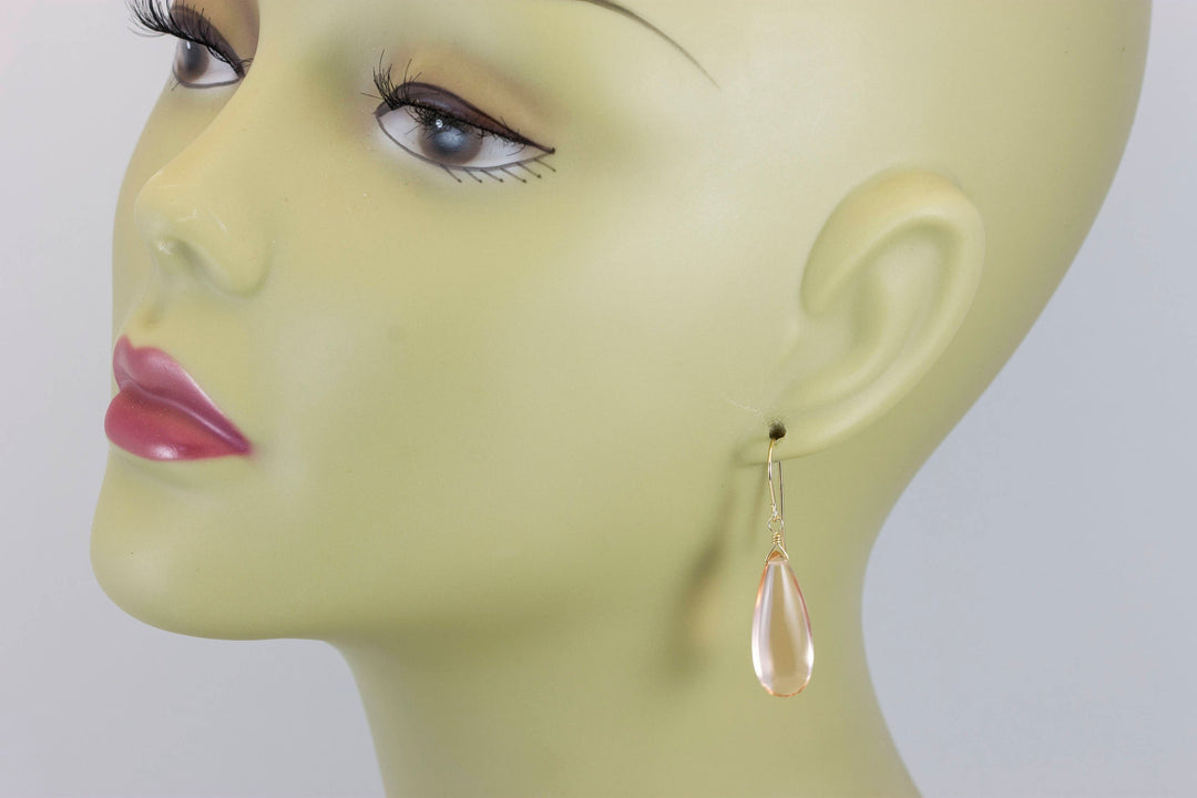 Peach Morganite Earrings Smooth Long Simulated Pink Morganite Teardrop Drop Dangle Sterling Silver or 14k Gold Filled Classic 1.6 Inches