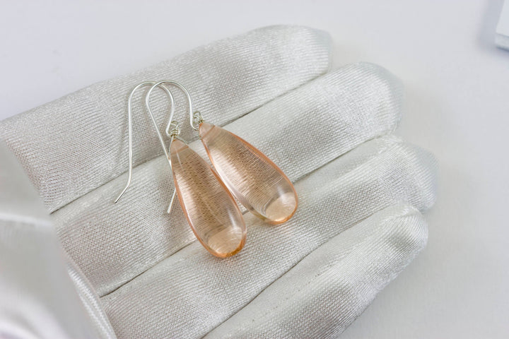 Peach Morganite Earrings Smooth Long Simulated Pink Morganite Teardrop Drop Dangle Sterling Silver or 14k Gold Filled Classic 1.6 Inches