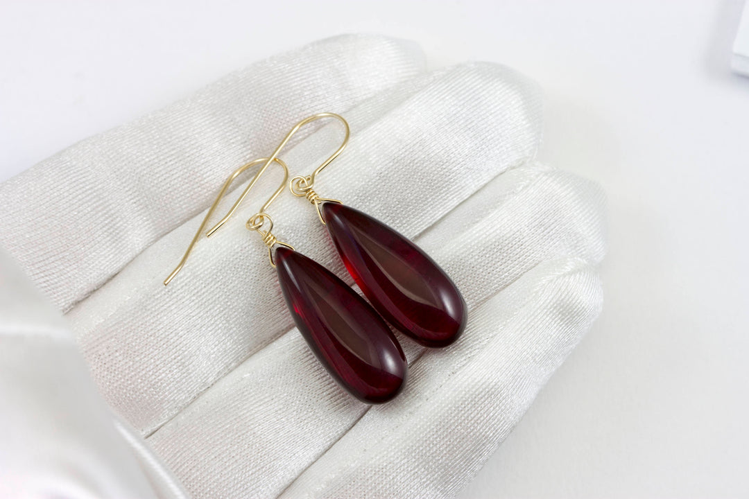 Ruby Red Earrings Smooth Long Simulated Ruby Teardrop Drop Dangle Sterling Silver or 14k Solid Gold or Filled Classic Simple Rich Red 1.6 In