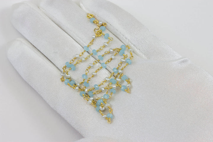 Chalcedony Necklace Soft Blue and White Pearl  Sterling Silver or 14k Gold Filled Faceted Chain Link 18 19 Inches Soft Pale Baby Blue Dainty