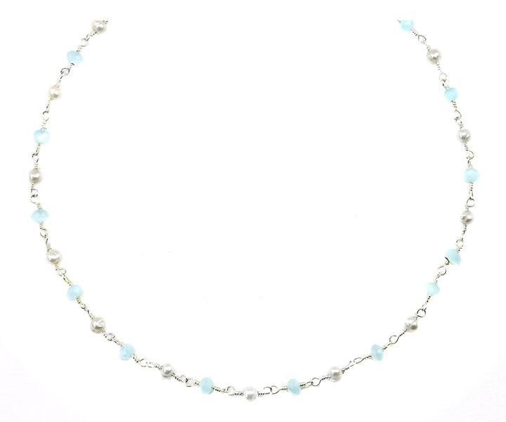 Chalcedony Necklace Soft Blue and White Pearl  Sterling Silver or 14k Gold Filled Faceted Chain Link 18 19 Inches Soft Pale Baby Blue Dainty