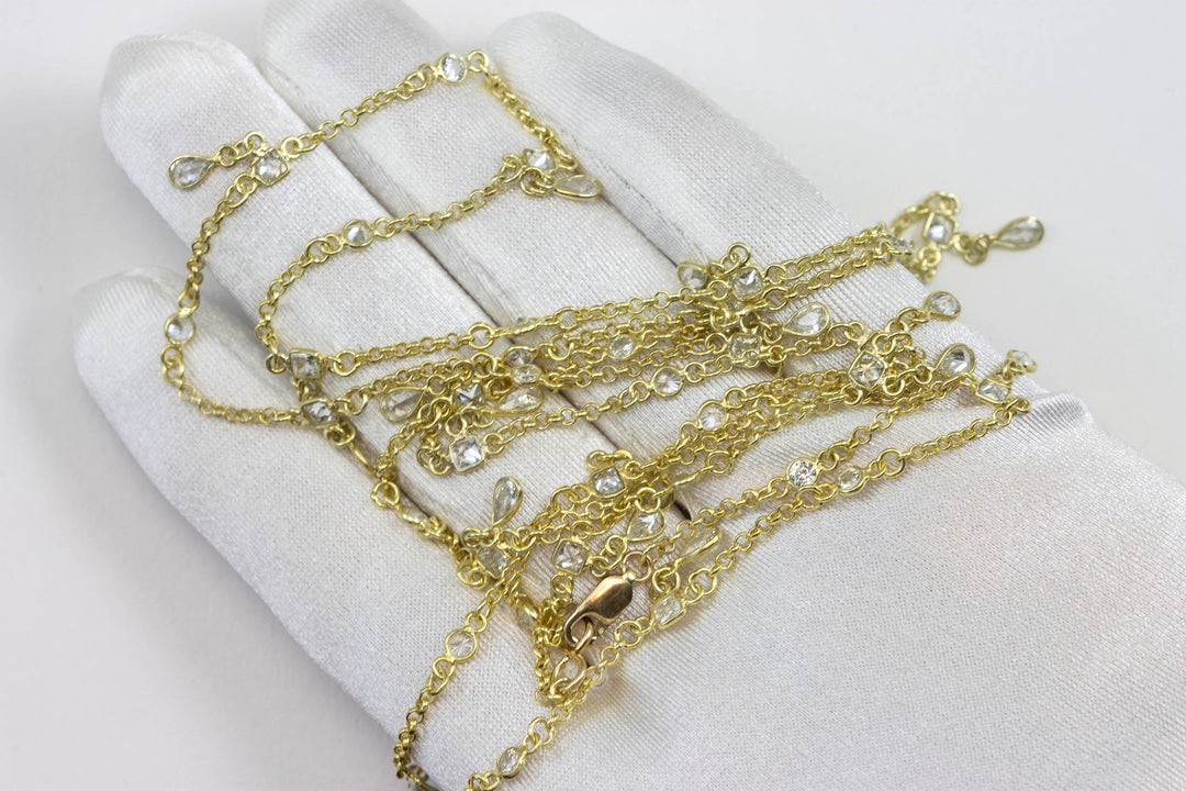 CZ Necklace 14k Gold Filled Chain Link Faceted 36 Inches Clear Cubic Zirconia  White Bezel Setting Dangling Teardrops Stones spaced