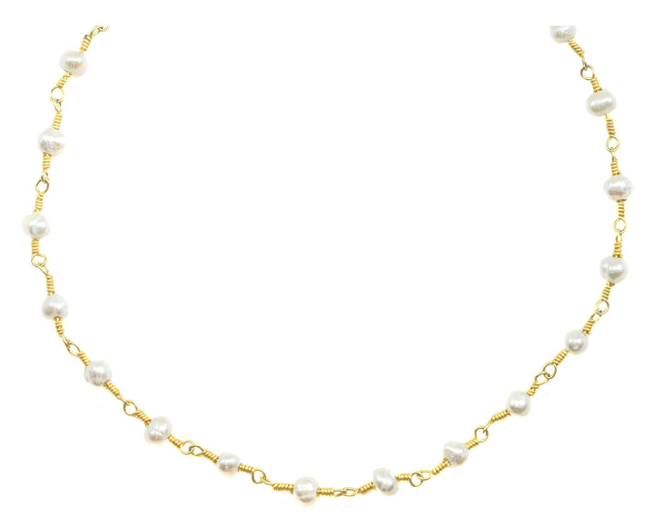 White Pearl Necklace Freshwater Cultured Pearls Spaced Link Beaded 24 Inches 14k Gold Filled Simple Chain Link 4mm pearls oval round