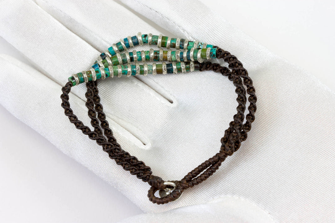 Turquosie Bracelet Natural Blue Smooth  7 to 7.25 Inch Adjustable  Sterling Silver Woven Cord  Tibetan Fine Silver Beaded Accents Casual