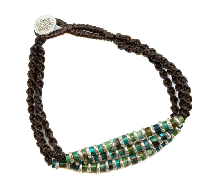 Turquosie Bracelet Natural Blue Smooth  7 to 7.25 Inch Adjustable  Sterling Silver Woven Cord  Tibetan Fine Silver Beaded Accents Casual