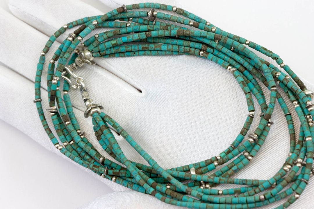 Natural Blue Turquoise Necklace Solid Strand 5 Strands Fine Sterling Silver Beads Mixed  Matte Stone Heishi Style 18 Inch
