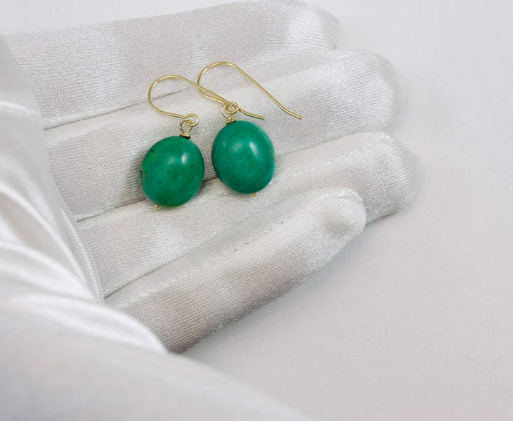 Turquoise Earrings Green Off Round Oval Fat Dangle Drops Sterling Silver or 14k Solid Gold or Filled Earthy Natural Simple Design Spyglass