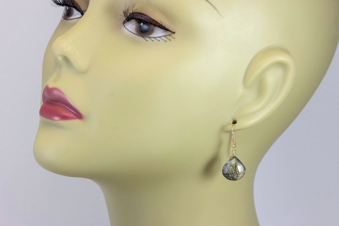 Black Tourmalated Rutile Quartz Earrings 14k Solid Yellow Gold or Filled or Sterling Silver Rutilated Heart Teardrop Nice Rutilation Simple