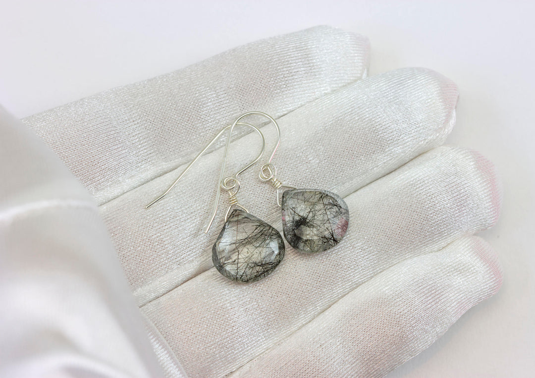 Black Tourmalated Rutile Quartz Earrings 14k Solid Yellow Gold or Filled or Sterling Silver Rutilated Heart Teardrop Nice Rutilation Simple