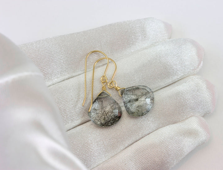 Black Tourmalated Rutile Quartz Earrings 14k Solid Yellow Gold or Filled or Sterling Silver Rutilated Heart Teardrop Nice Rutilation Simple