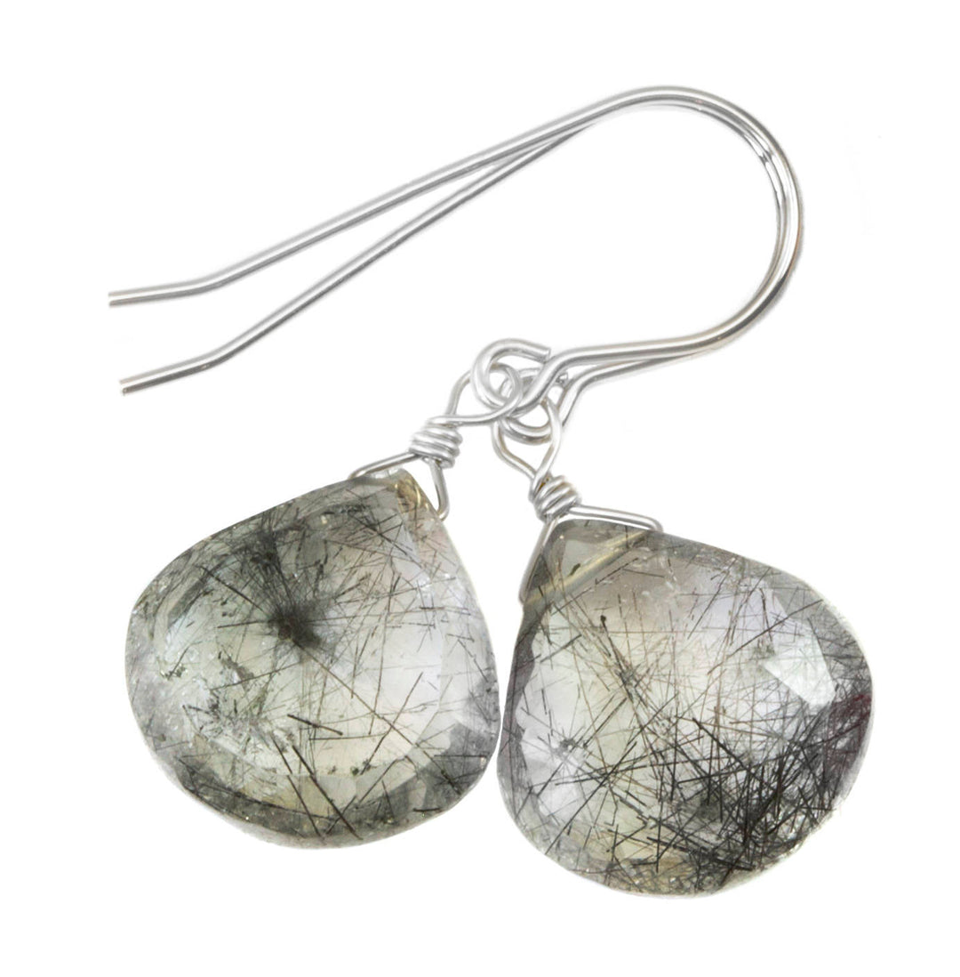 Black Tourmalated Rutile Quartz Earrings 14k Solid Yellow Gold or Filled or Sterling Silver Rutilated Heart Teardrop Nice Rutilation Simple