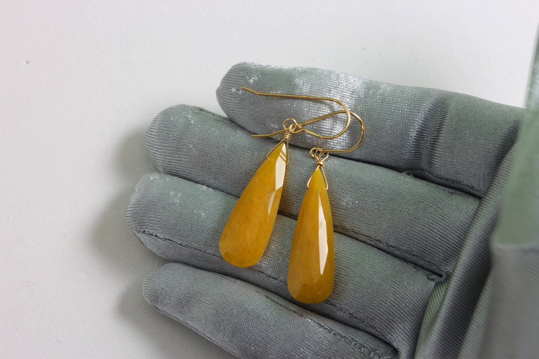 Yellow Aventurine Earrings Teardrop Long Pear Shaped Faceted 14k Solid Gold or Filled or Sterling Silver Great Unique Natural Earthy Color