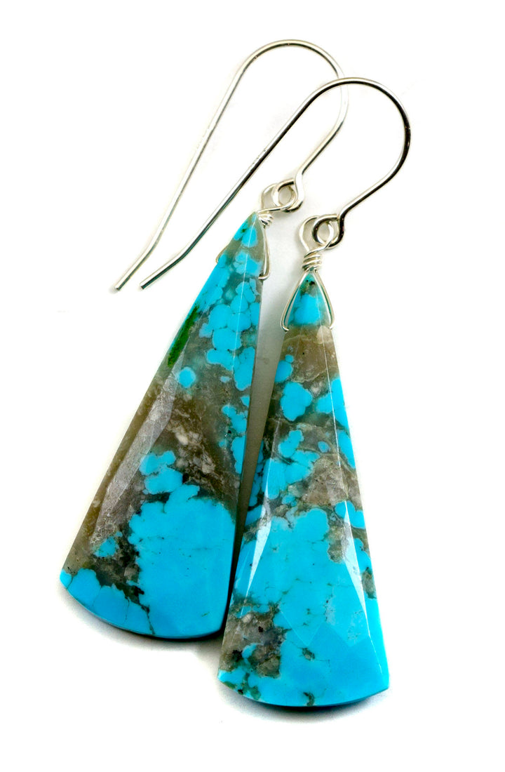 Turquoise Earrings Sterling Silver Faceted Cut Long Teardrop Natural Stone Light Soft blue 2 Inches veining contemporary cut simple drops