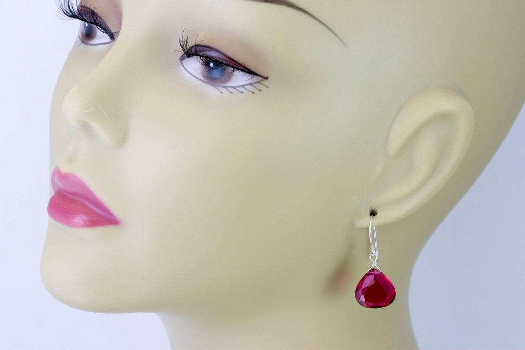 Hot Sapphire Pink Earrings Faceted Simulated Sapphire Large Hearts Dangle 14k Solid Gold or Filled or Sterling Silver Simple Fuchsia Drops