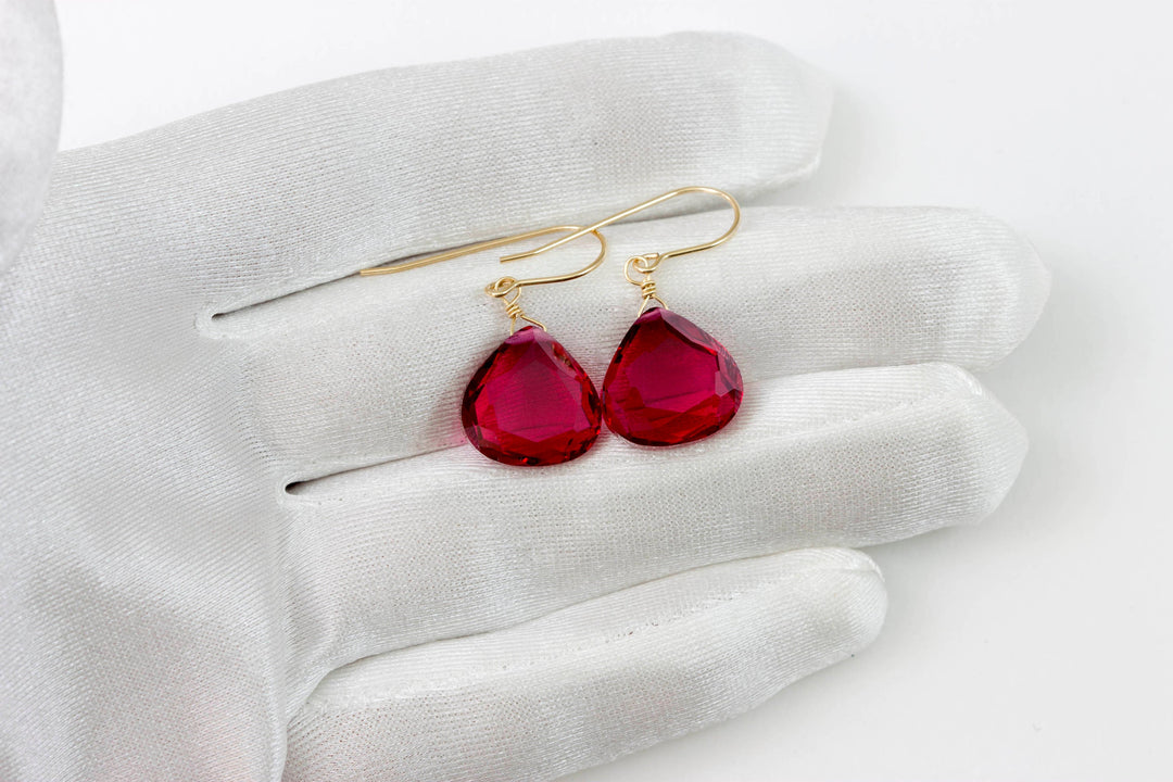 Hot Sapphire Pink Earrings Faceted Simulated Sapphire Large Hearts Dangle 14k Solid Gold or Filled or Sterling Silver Simple Fuchsia Drops