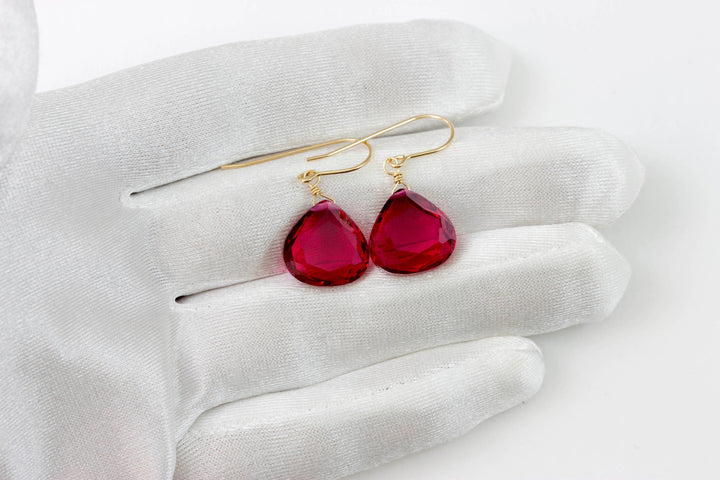 Hot Sapphire Pink Earrings Faceted Simulated Sapphire Large Hearts Dangle 14k Solid Gold or Filled or Sterling Silver Simple Fuchsia Drops