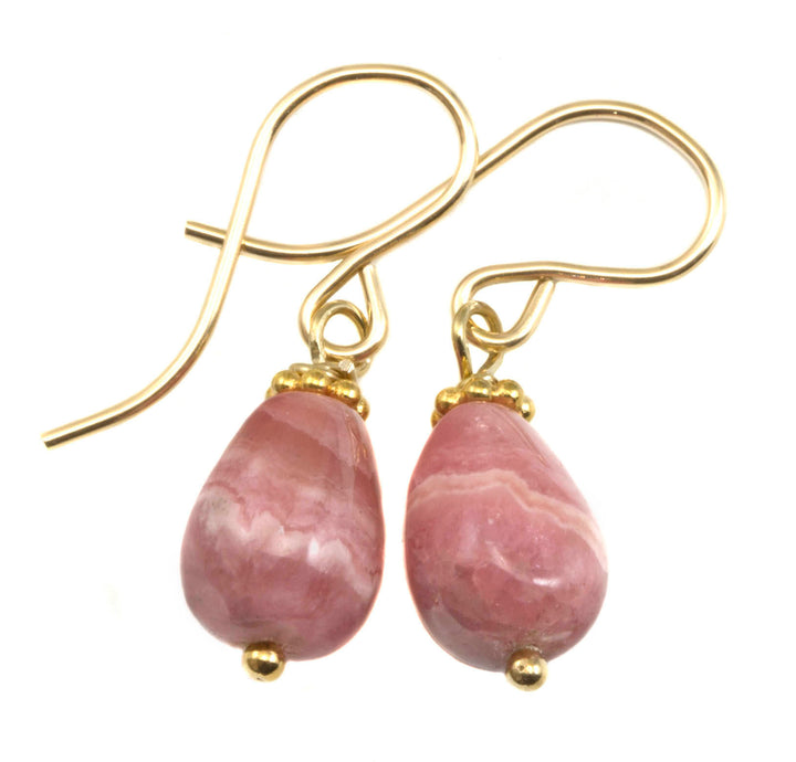 Rhodochrosite Earrings Smooth Natural PInk Teardrop Dangle Drops Sterling Silver or 14k Solid Gold or Filled Dainty Small Simple Earthy Pink