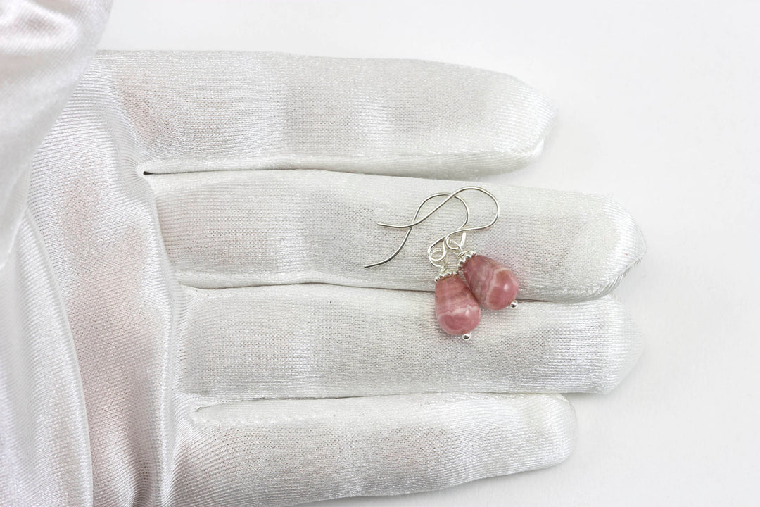 Rhodochrosite Earrings Smooth Natural PInk Teardrop Dangle Drops Sterling Silver or 14k Solid Gold or Filled Dainty Small Simple Earthy Pink
