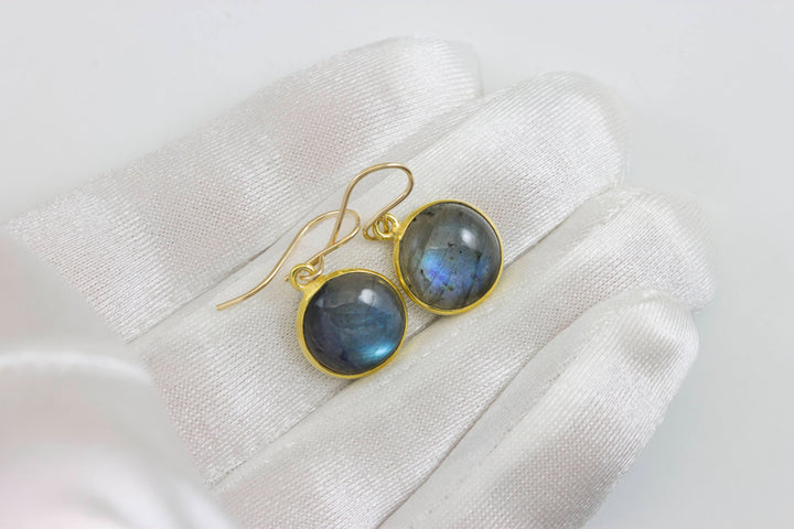 Blue Flash Labradorite Earrings Small Simple Drops Bezel Set Round Drop Dangle 14k Solid Gold or Filled Dainty Smooth Cut Small Drops