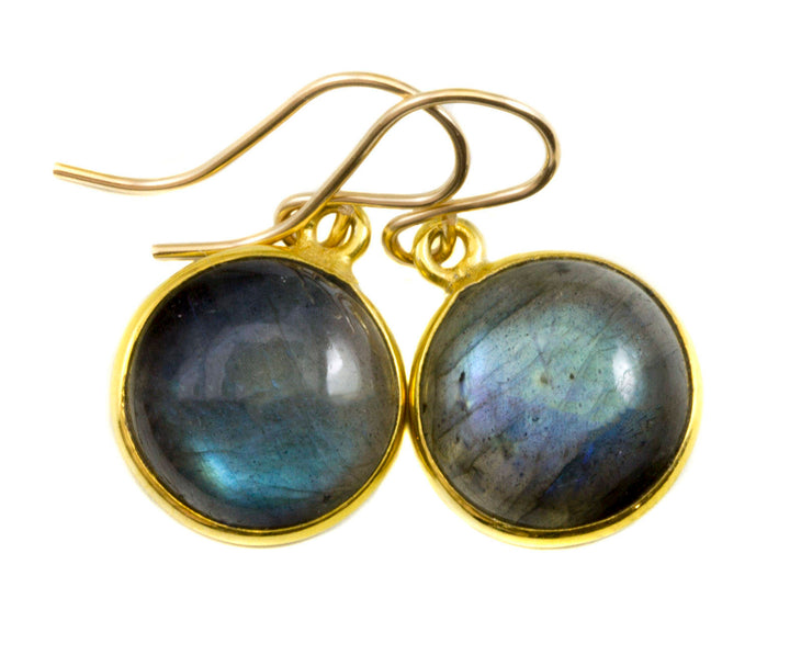 Blue Flash Labradorite Earrings Small Simple Drops Bezel Set Round Drop Dangle 14k Solid Gold or Filled Dainty Smooth Cut Small Drops