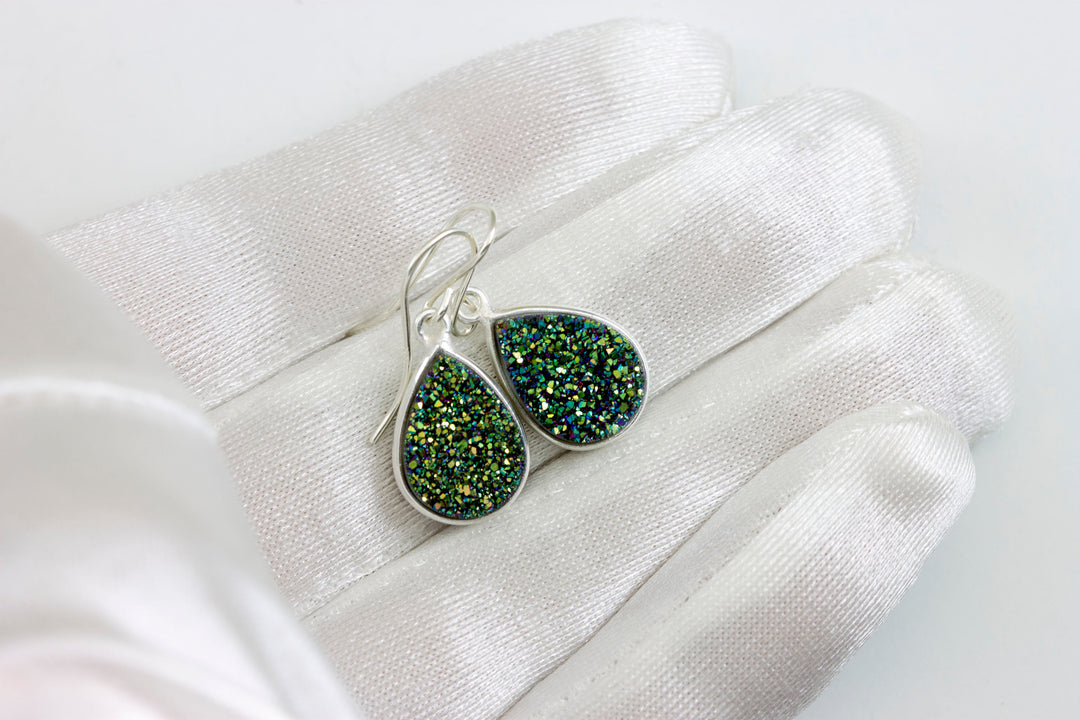 Peacock Green Drusy Earrings Druzy Teardrop Sterling silver or 14k solid gold or filled  Bezel Set Simple Drops Spyglass Designs