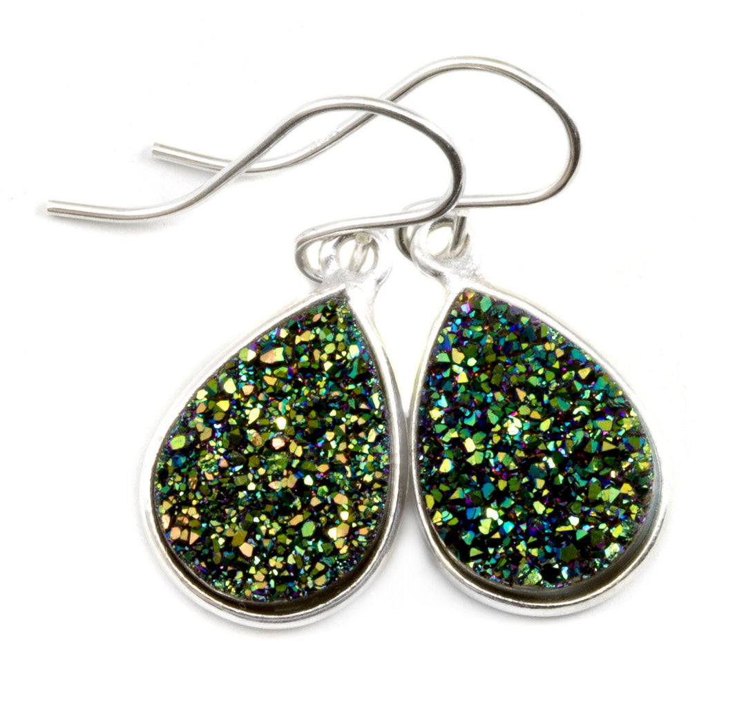 Peacock Green Drusy Earrings Druzy Teardrop Sterling silver or 14k solid gold or filled  Bezel Set Simple Drops Spyglass Designs