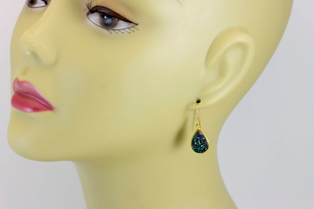 Peacock Green Drusy Earrings Druzy Teardrop Sterling silver or 14k solid gold or filled  Bezel Set Simple Drops Spyglass Designs