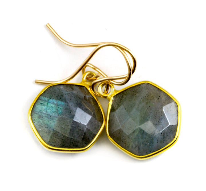 Blue Flash Labradorite Earrings Small Simple Drops Bezel Set Round Drop Octagon 14k Solid Gold or Filled  Dainty Faceted Cut