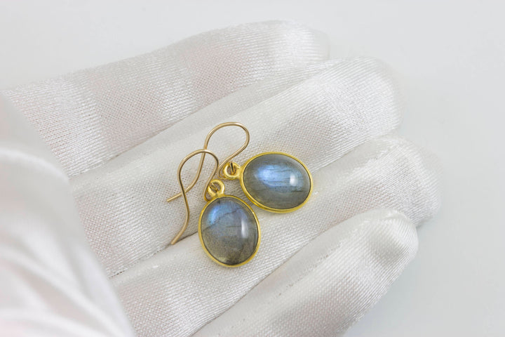 Blue Flash Labradorite Earrings Small Simple Drops Bezel Set Oval Drop Dangle 14k Solid Gold or Filled or Sterling Silver Dainty Smooth Cut