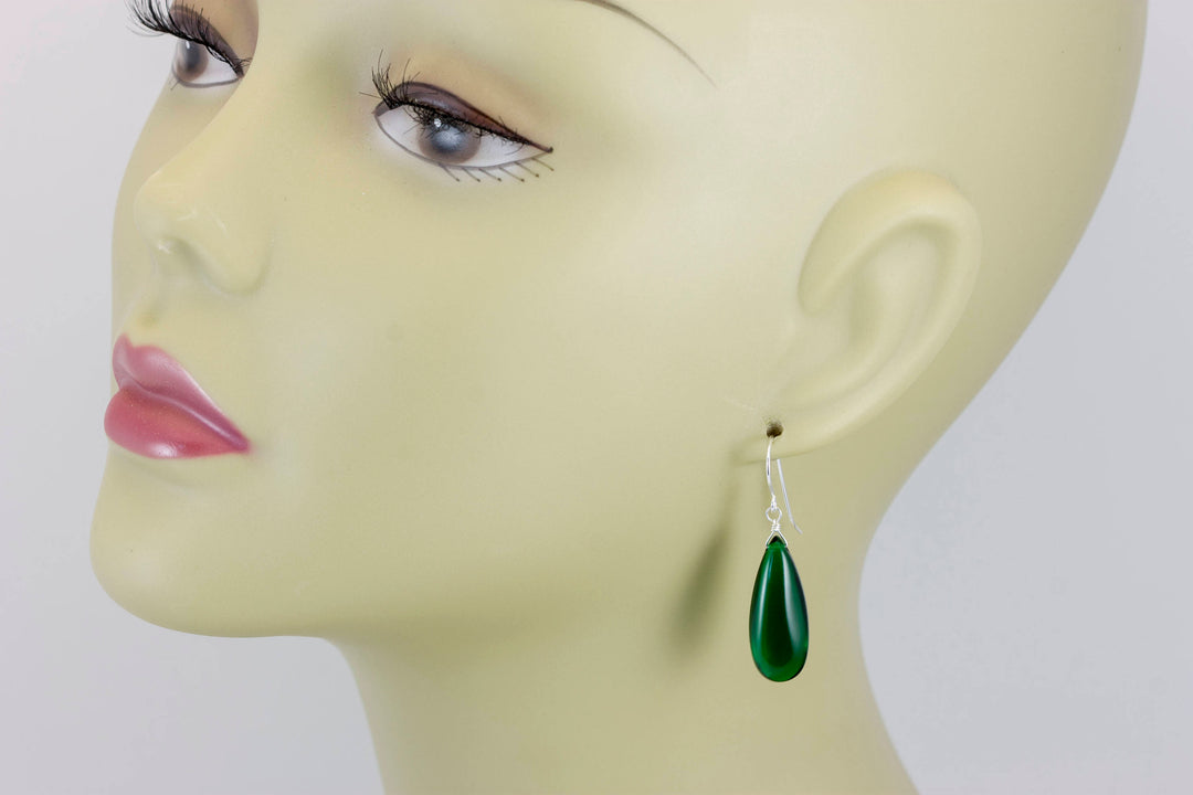 Emerald Green Earrings Smooth Long Simulated Emerald Teardrop Drop Dangle Sterling Silver or 14k Solid Gold or Filled Simple Classic 1.6 In