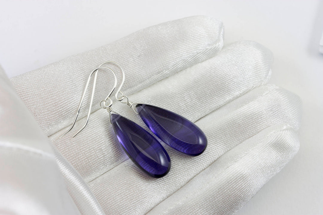 Blue Tanzanite Earrings Smooth Long Simulated Tanzanite Teardrop Drop Dangle Sterling Silver or 14k Gold Filled Simple Classic 1.6 Inches