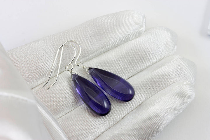 Blue Tanzanite Earrings Smooth Long Simulated Tanzanite Teardrop Drop Dangle Sterling Silver or 14k Gold Filled Simple Classic 1.6 Inches