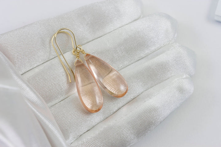 Peach Morganite Earrings Smooth Long Simulated Pink Morganite Teardrop Drop Dangle Sterling Silver or 14k Gold Filled Classic 1.6 Inches