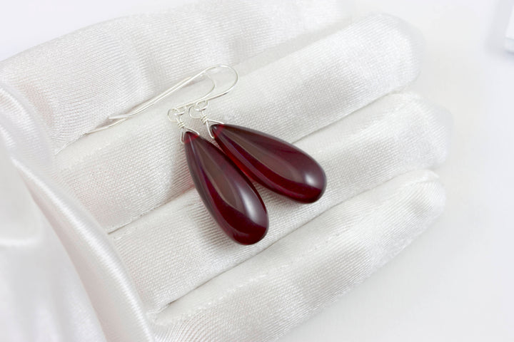 Ruby Red Earrings Smooth Long Simulated Ruby Teardrop Drop Dangle Sterling Silver or 14k Solid Gold or Filled Classic Simple Rich Red 1.6 In