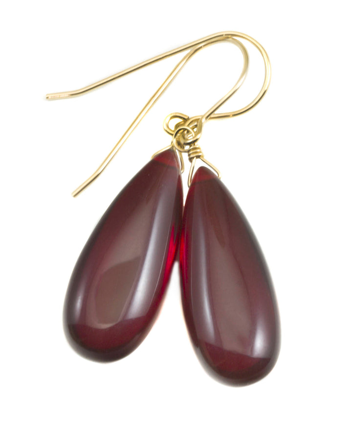 Ruby Red Earrings Smooth Long Simulated Ruby Teardrop Drop Dangle Sterling Silver or 14k Solid Gold or Filled Classic Simple Rich Red 1.6 In