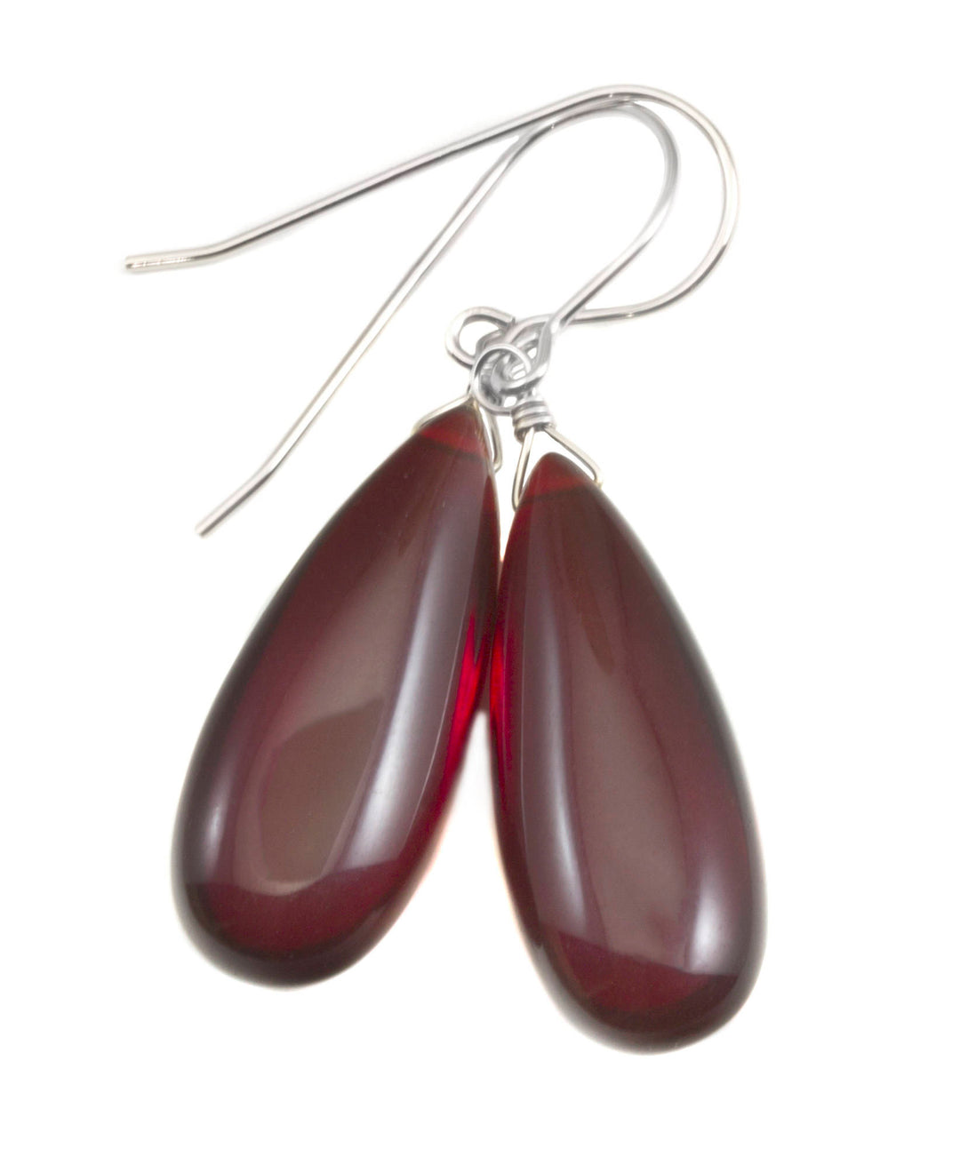 Ruby Red Earrings Smooth Long Simulated Ruby Teardrop Drop Dangle Sterling Silver or 14k Solid Gold or Filled Classic Simple Rich Red 1.6 In