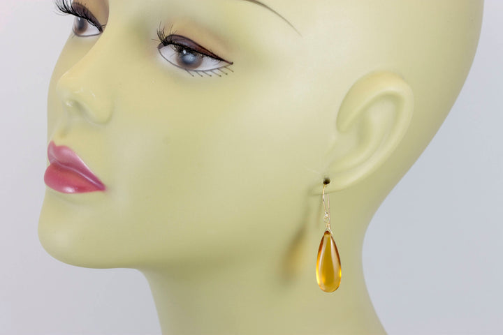 Citrine Earrings Smooth Yellow Long Simulated  Teardrop Drop Dangle Sterling Silver or 14k Solid Gold or Filled Classic Simple Rich 1.6