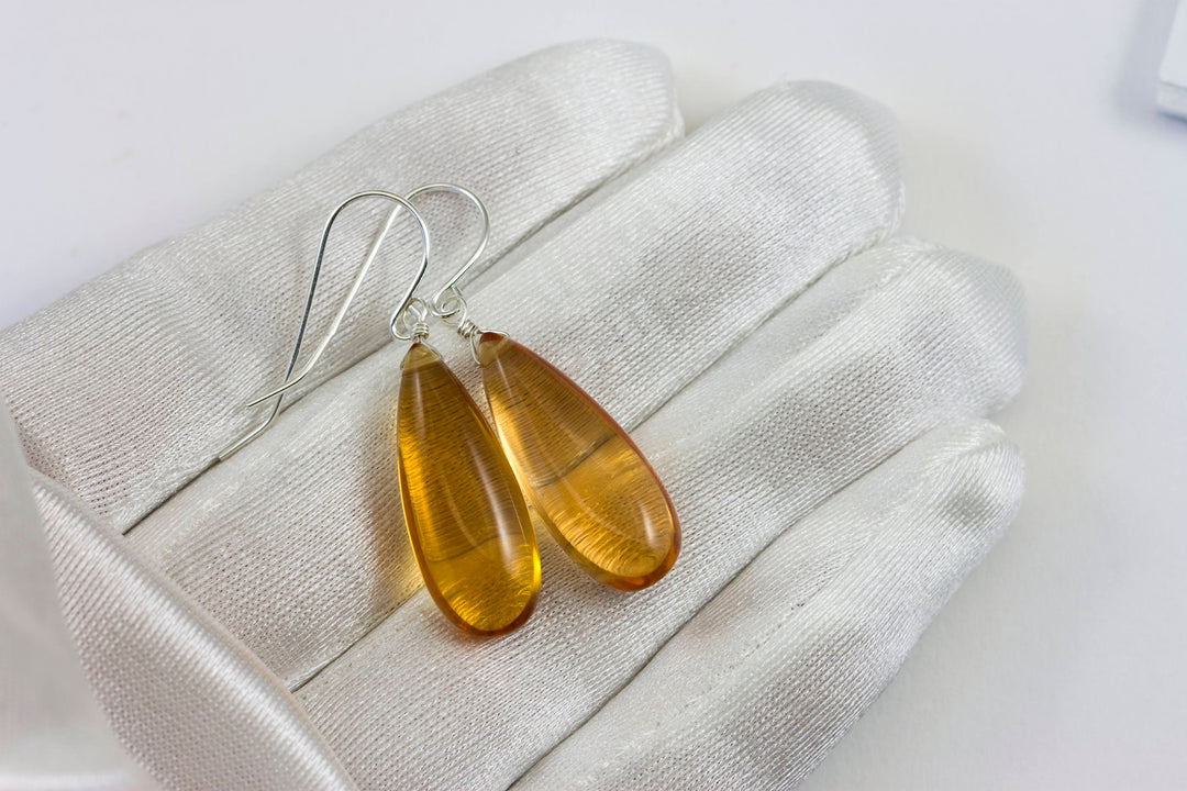 Citrine Earrings Smooth Yellow Long Simulated  Teardrop Drop Dangle Sterling Silver or 14k Solid Gold or Filled Classic Simple Rich 1.6
