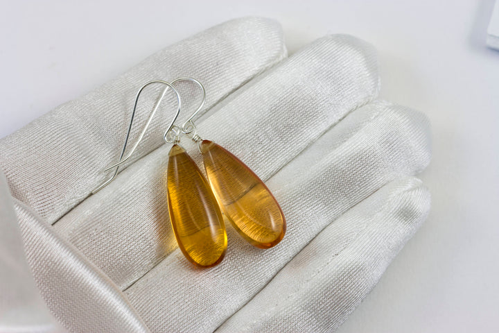 Citrine Earrings Smooth Yellow Long Simulated  Teardrop Drop Dangle Sterling Silver or 14k Solid Gold or Filled Classic Simple Rich 1.6