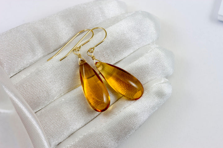 Citrine Earrings Smooth Yellow Long Simulated  Teardrop Drop Dangle Sterling Silver or 14k Solid Gold or Filled Classic Simple Rich 1.6