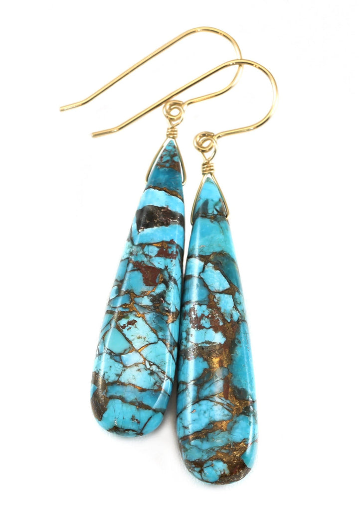 Copper Blue Turquoise Earrings Large Long Sterling Silver or 14k Solid Yellow Gold or Filled Mosaic Veining Simple Drops Spyglass  2 Inch